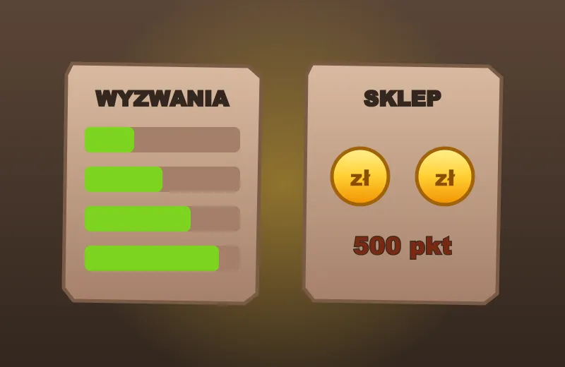 Sklep i wyzwania Tablice z paskami postępu misji i monetami – sklep i wyzwania StoneVegas kasyno